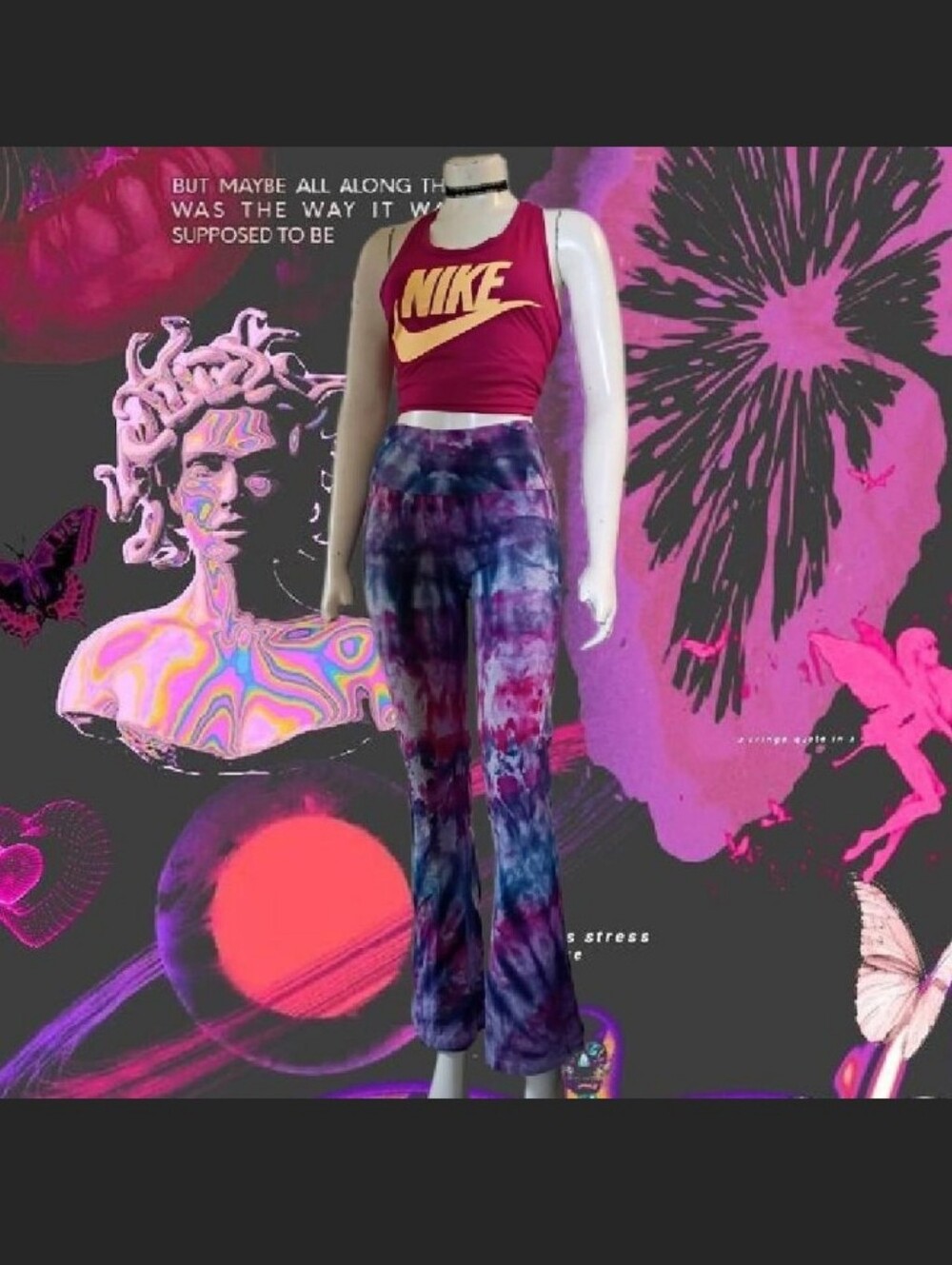 Y2K Zenana Purple Pink & Blue Tie Dye Fold Over Waist Flare Leggings Sz Medium
